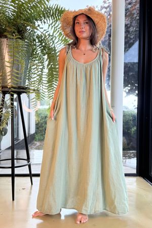 Made in Italy Paulo Pillow Cotton Tie Shoulder Maxi Dress Khaki